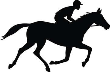 Silhouette of a Horse with a Rider Running, Black Equestrian Outline on White