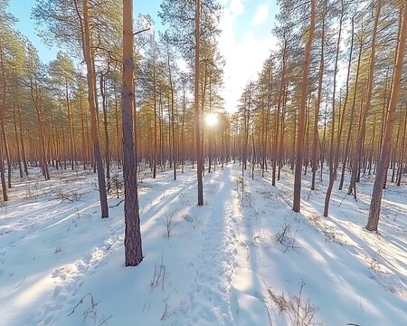 Winter forest scene with trees and sunlight shining brightly