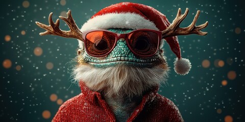 Funny Santa Claus Lizard Pet with Sunglasses and Antlers on Green Background for Merry Christmas Holiday Greeting Card