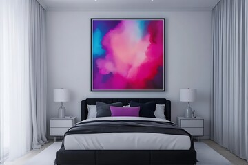 Modern bedroom with colorful abstract painting, white curtains, and bedside lamps