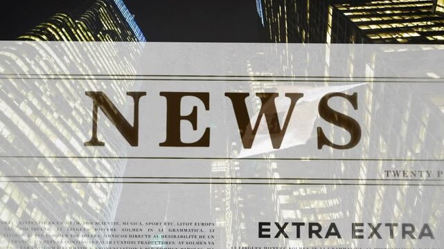 A floating newspaper overlayed on a city skyline at night, symbolizing digital news and modern journalism in the financial district