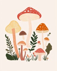 Whimsical Mushroom Illustration with Red Yellow and Brown Fungi and Green Leaves