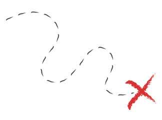 Treasure map element. A dashed line and red X mark ink on the map, the treasure map with a dotted line, an X marks the spot, and the dashed line to an X	
