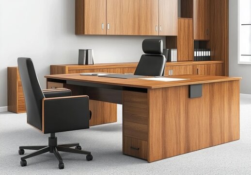 A modern wooden office interior with functional furniture arrangement