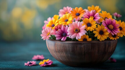 Vibrant spring flowers arranged in a wooden bowl with soft sunlight illuminating the scene, creating a fresh and serene atmosphere. 