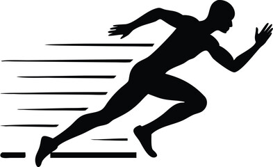 Silhouette of Running Man with Motion Lines on White Background, Speed and Action