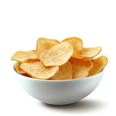 Crispy potato chips in white bowl on white background
