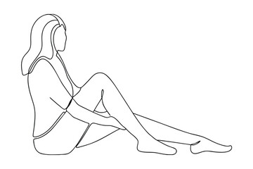 Woman sitting, oneline drawing, minimalist art, simple sketch, elegant pose, side profile, barefoot,