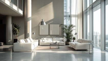 Fototapeta premium Modern penthouse living room with city views, ideal for real estate or interior design stock