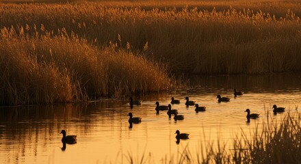 Serene Sunset Over Tranquil Wetland with Ducks Swimming Among Reeds