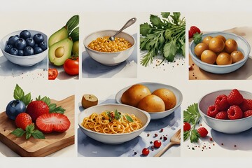 Food preparation: ingredients cooking, plating in watercolor style