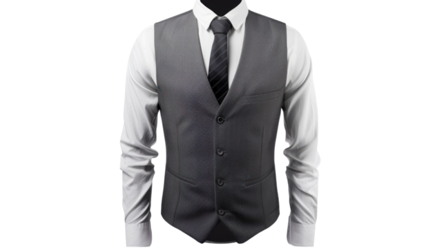Grey vest, white shirt and tie on transparent background: formal business attire
