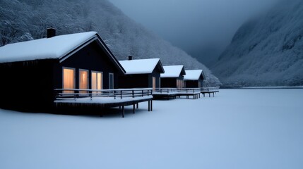 Snowy cabins by a frozen lake at twilight.  Cozy, dark wooden houses lined up on a snow-covered landscape, lit from within, set against a mountain backdrop.  Peaceful winter scene