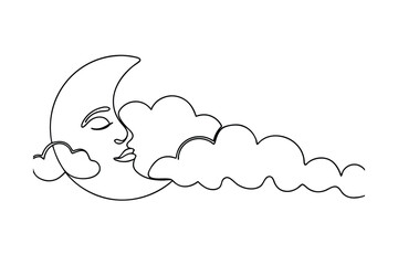 Crescent Moon Face, Clouds, OneLine Drawing, Celestial Art, Night Sky, Dreamy, Serene, Minimalist, L