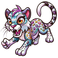 a vibrant illustration of a stylized snow leopard with striking colors and dynamic pose. The artwork is filled with playful details and a sense of energy