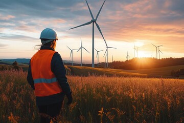 Wind Energy Engineer Working at Sustainable Wind Turbine Farm During Sunset