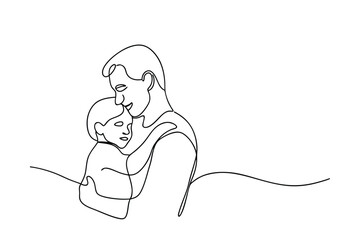 Loving Father and Child, OneLine Drawing, Tender Embrace, Pure Affection, Family Bond, Simple Art, M