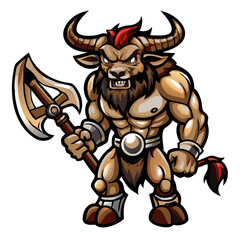a minotaur holding an axe, ready for battle, a formidable creature with muscular physique