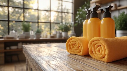 Cleaning Supplies and Yellow Towels on Wooden Counter in Modern Kitchen Interior