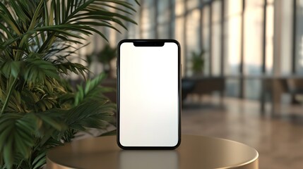 A wooden desk with a smartphone, surrounded by green plants, large glass windows letting in natural light in the background