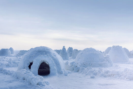 Eskimo home, igloo made of ice and snow. Lots of igloo built. snow winter photo