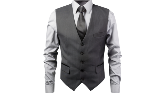 Grey suit vest and matching tie on transparent background, perfect for elegant compositions