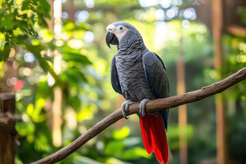 Fototapeta premium Grey parrot with red tail perched in aviary, surrounded by greenery