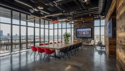Fototapeta premium Modern conference room with city view and large conference table