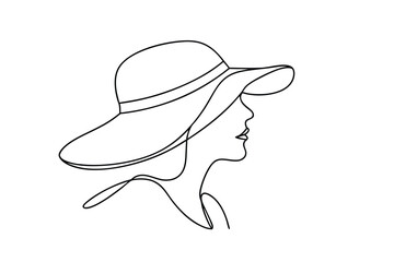 Elegant Womans Profile, Sun Hat, Minimalist Line Art Drawing