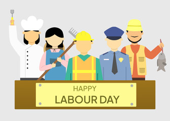 Happy labour day banner design featuring a group of people with different jobs