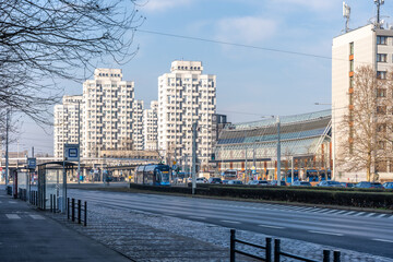 Cityscape with tram station and modern buildings