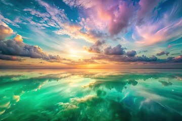 Fototapeta premium Serene Sunset Reflection A Vivid Panorama of Colorful Clouds Mirrored in Tranquil Waters