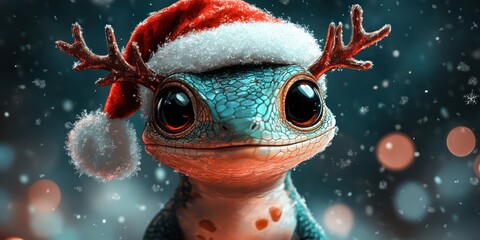 Whimsical Christmas Greeting Card with Lizard in Santa Hat and Antlers on Teal Background