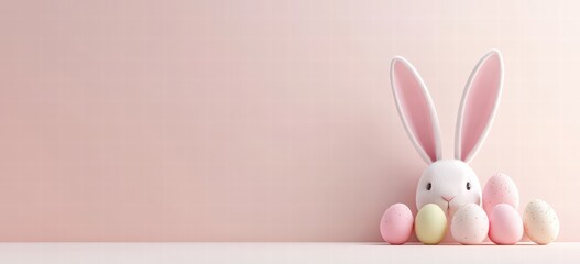 Easter banner featuring a cute white bunny's ears peeking out from behind a wall, with pastel-colored Easter eggs on a soft background