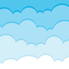 Blue sky with white clouds in flat style. Airy atmosphere vector illustration on isolated background. Nature sign business concept.