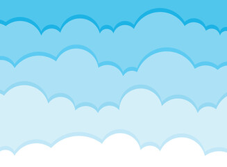 Blue sky with white clouds in flat style. Airy atmosphere vector illustration on isolated background. Nature sign business concept.