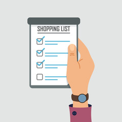 Shopping list in hand icon in flat style. Memo pages vector illustration on isolated background. Daily planner sign business concept.