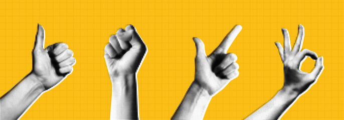 Trendy Halftone Collage Female hands showing gestures. Thumbs up, raised fist, pointing finger and okay gesture. Modern elements isolated on yellow background. Contemporary vector illustration art