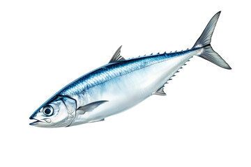 Fototapeta premium Fresh Spanish mackerel fish with detailed scales and fins isolated on white transparent background. Concept of seafood and marine life