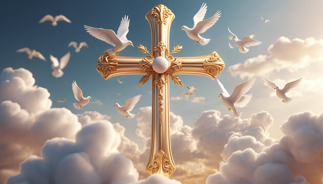 golden cross surrounded by doves soaring through fluffy clouds, symbolizing peace and hope. serene sky enhances uplifting atmosphere of scene