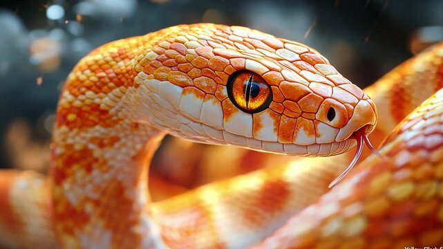 Golden Gaze: Close-up of an orange corn snake's head, its captivating eyes and flickering tongue capture the essence of reptilian grace. 