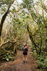 Fototapeta premium Female Hiker Exploring the Anaga Park Trail in Tenerife, Canary Islands Amidst Dense Greenery