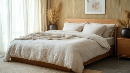 Neutral bedroom with linen bedding, wooden bed frame, and minimalist decor