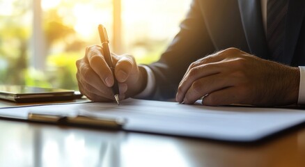 Naklejka premium Businessman signing documents in office, sunny window background