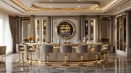 Opulent bar interior with seating, ornate design, gold trim, luxury backdrop, evening use