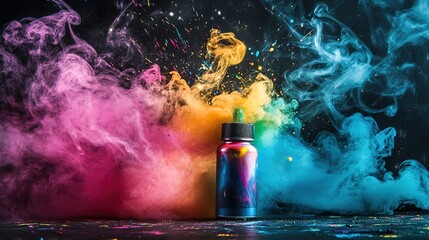 A spray paint can releasing colorful smoke in blue, yellow, pink, and orange, the background dark, the smoke dotted with tiny colorful particles