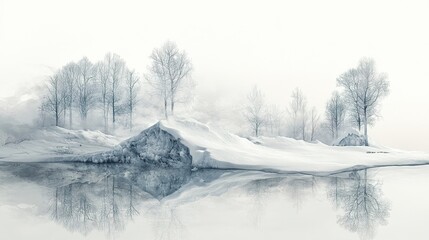 Winter landscape showcases snowy trees and reflections on still waters