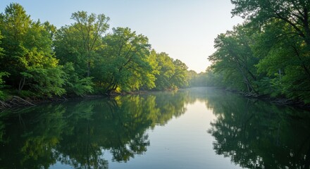 Serene river landscape at dawn with lush trees reflecting in calm water