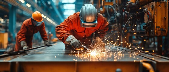 Naklejka premium Offshore workers wearing helmets and safety gear