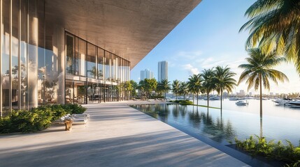 Fototapeta premium A modern mansion with large glass windows and an infinity pool, surrounded by palm trees and tropical plants, a blue sky and distant city skyline in the background